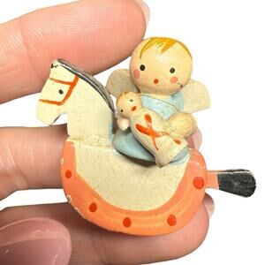 Vintage German Wood Trinket Mini Tiny Rocking Horse Angel Folk Art Hand Painted